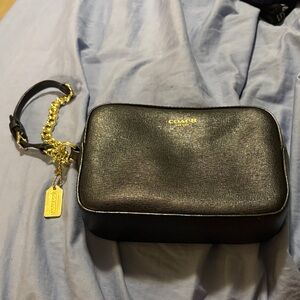 Coach Black Leather Wristlet with Gold Accents